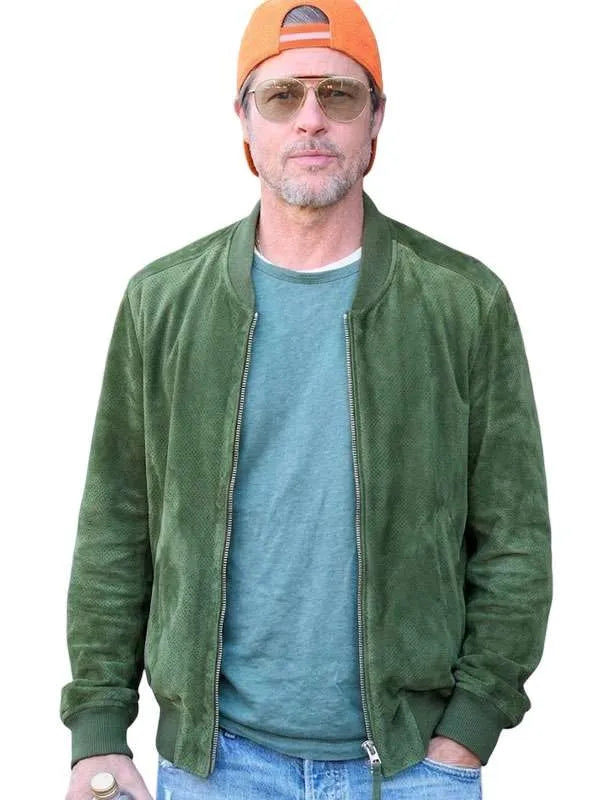 Brad Pitt San Sebastian Film Festival Green Suede Bomber Jacket