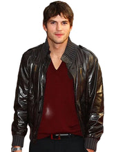 Brown Ashton Kutcher-inspired bomber jacket with zipper