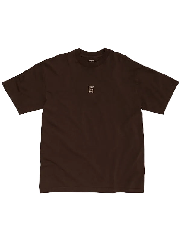 A dark brown short-sleeve t-shirt with a small beige graphic on the left chest, displayed flat against a light gray background.