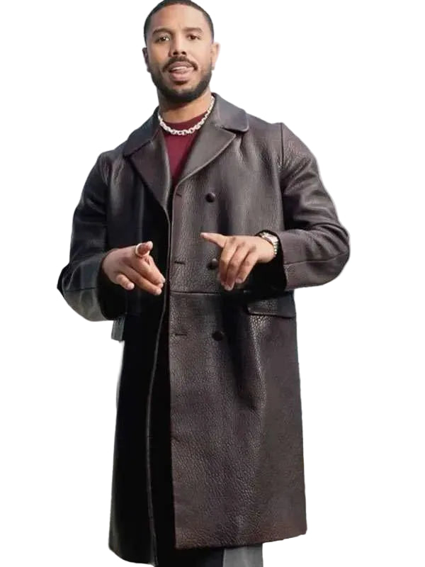 Michael B. Jordan inspired brown leather outerwear with full-length sleeves