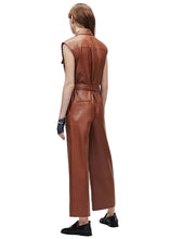 Women’s brown leather utility jumpsuit with button closure