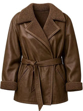 Brown belted leather coat with buttoned front closure