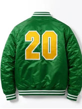 A green satin varsity jacket shown from the back, featuring the number '20' in yellow with a white outline on the back. The jacket has white and green striped ribbed collar, cuffs, and hem.
