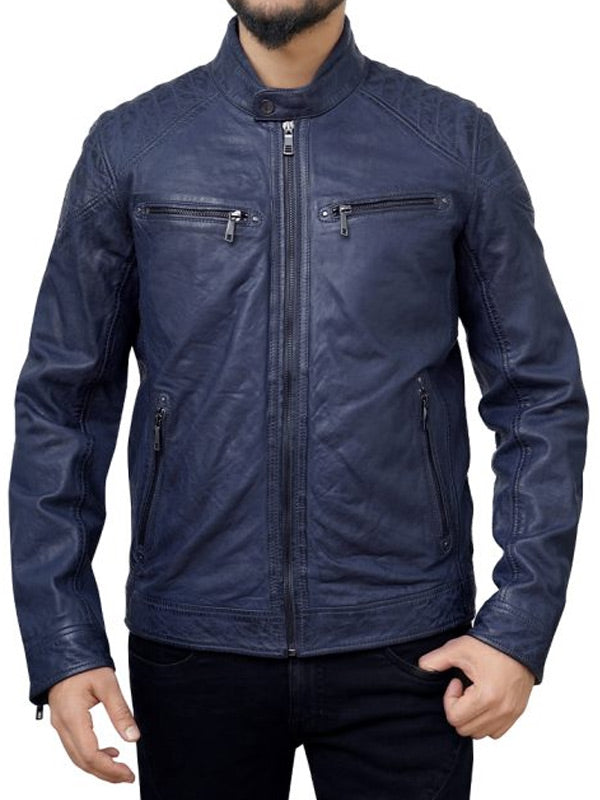 Cafe Racer Style Blue Leather Jacket for Men