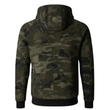 A camouflage pullover hoodie shown from the back, featuring a dark green, brown, and black camo pattern with solid black ribbed cuffs and hem, set against a plain white background.