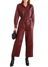 Cherry red leather jumpsuit with concealed snap closure