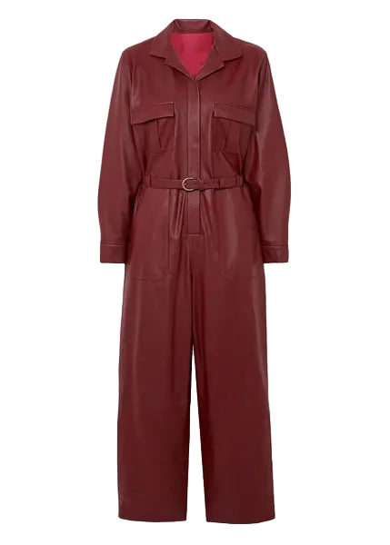 Wide leg cherry red leather jumpsuit with spread collar