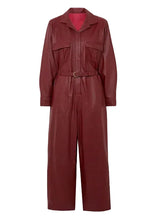 Wide leg cherry red leather jumpsuit with spread collar