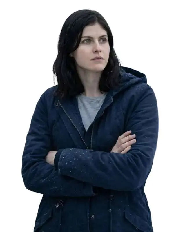Couples Weekend Alexandra Daddario Hooded Jacket with zipper and button closure