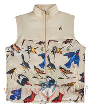 A sleeveless zip-front vest in warm beige with an allover colorful bird print across the lower half and upper front. The vest has a stand collar, front zipper, and a small black embroidered logo on the left chest.