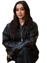 Cristin Milioti oversized black leather jacket front view