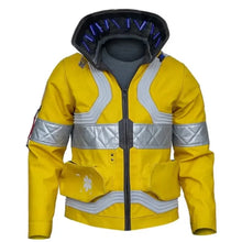 A yellow high-visibility safety jacket with reflective silver stripes, a black zipper, and a hood with blue LED lights, shown on a plain white background.