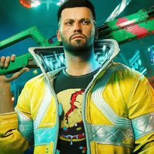 A man in a yellow and silver futuristic jacket holding a green sci-fi weapon over his shoulder, set against a neon cyberpunk city background.