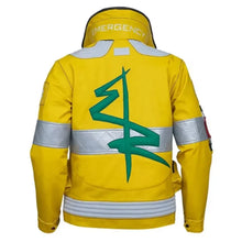 A yellow emergency jacket shown from the back, featuring a large green medical-style symbol on the back, reflective silver bands, and 'EMERGENCY' printed on the inside neck collar.