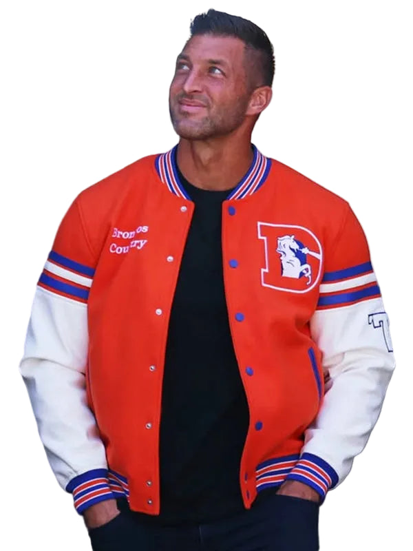 Tim Tebow 2026 Denver Broncos Orange White Varsity Jacket