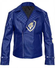 A royal blue faux leather jacket featuring a quilted chest panel, a gold and blue shield crest on the left chest, and white piping details on the shoulders and sleeves.