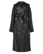 A black leather trench coat with a double-breasted front, wide lapels, and a self-tie belt, shown on a plain white background.