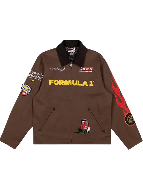 A brown zip-up jacket featuring 'FORMULA 1' printed in yellow across the chest, a black collar, and various racing-themed graphics including a red fire emblem on the right sleeve and a small red race car illustration near the lower left front.