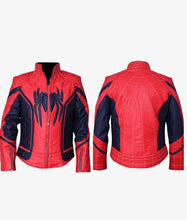 A red and navy blue Spider-Man themed jacket shown from both the front and back views against a light gray background.