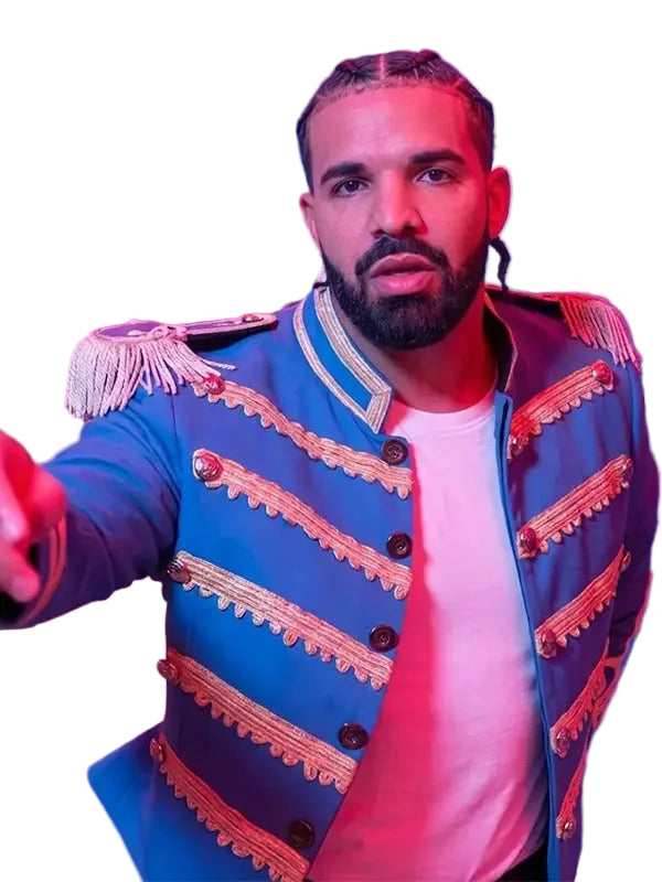 A man wearing a blue military-style jacket with ornate gold embroidery and fringe, layered over a white t-shirt, captured in dramatic pink and blue lighting.