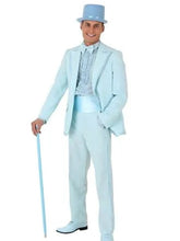 A man modeling a light blue magician costume set, including a jacket, trousers, matching top hat, and cane, against a plain white background.