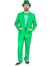 Man wearing a green suit and hat on a white background
