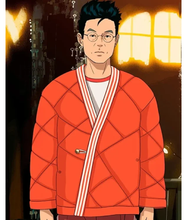 Clot inspired orange puffer wrap jacket front view