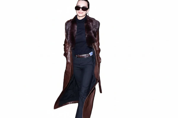 NYFW Emily Ratajkowski Brown Leather Coat