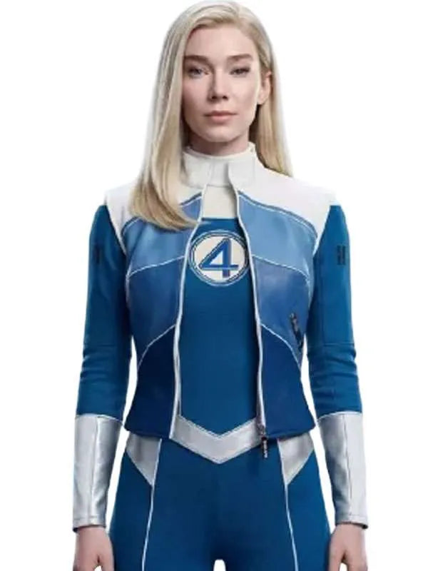A woman wearing a blue and white superhero-style bodysuit with a large number 4 emblem on the chest, photographed against a plain white background.