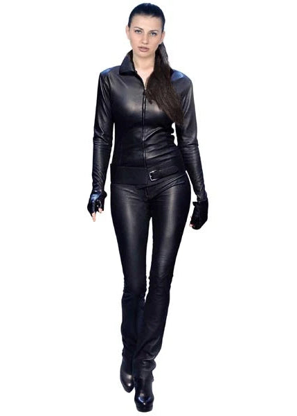 Women’s lambskin leather jumpsuit with spread collar