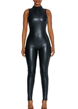 Back view of sleeveless croc embossed leather jumpsuit