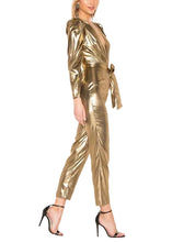 Metallic gold Christmas jumpsuit with ruffle long sleeves