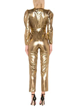 Gold jumpsuit with self-tie waist belt and straight leg