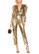 Gold jumpsuit with self-tie waist belt and straight leg