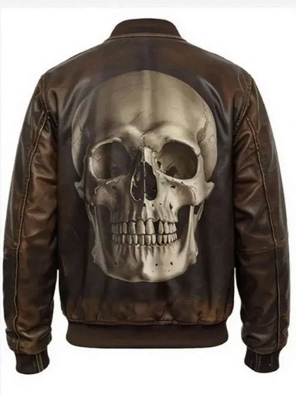 A dark brown leather jacket shown from the back, featuring a large, detailed 3D skull graphic printed across the center back.