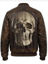 A dark brown leather jacket shown from the back, featuring a large, detailed 3D skull graphic printed across the center back.