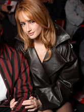 Dark brown Grace Van Patten leather jacket with two front and one inside pocket