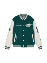 Green wool varsity jacket with two front pockets and two inside pockets