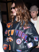 New York Knicks Hailey Bieber Black Leather Bomber Jacket