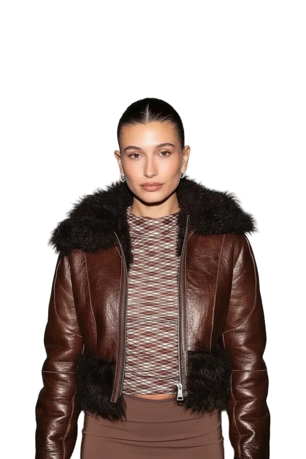 Hailey Bieber Fur Brown Jacket