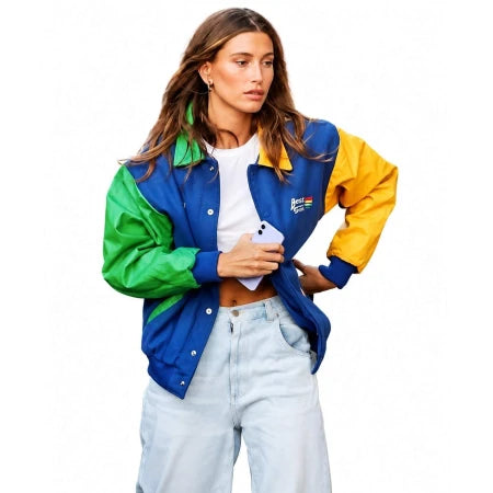 Hailey Bieber Blue Green Yellow Color Block Varsity Jacket