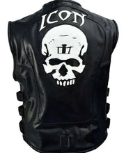 Black leather motorcycle vest shown from the back, featuring a large white skull graphic with a Roman numeral III inside the forehead and the word 'ICON' in white above it.