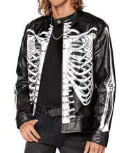A person wearing a black leather jacket with a white skeleton rib cage print on the front, styled over a black shirt and dark jeans against a plain white background.