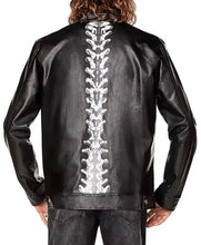 A person shown from the back wearing a black leather jacket with a large white spine graphic running down the center, paired with dark jeans against a plain white background.