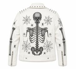 Handmade White Studded Skull and Spine Leather Biker Jacket