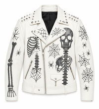 Handmade White Studded Skull and Spine Leather Biker Jacket