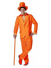 A man modeling a bright orange costume suit with a matching top hat, bow tie, patterned shirt, and holding a cane against a plain white background.