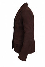 A dark brown suede blazer jacket shown from a side profile view on a white background, featuring a watermark for 'William's Jacket' at the bottom.