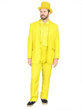 Man wearing a bright yellow suit and hat on a white background