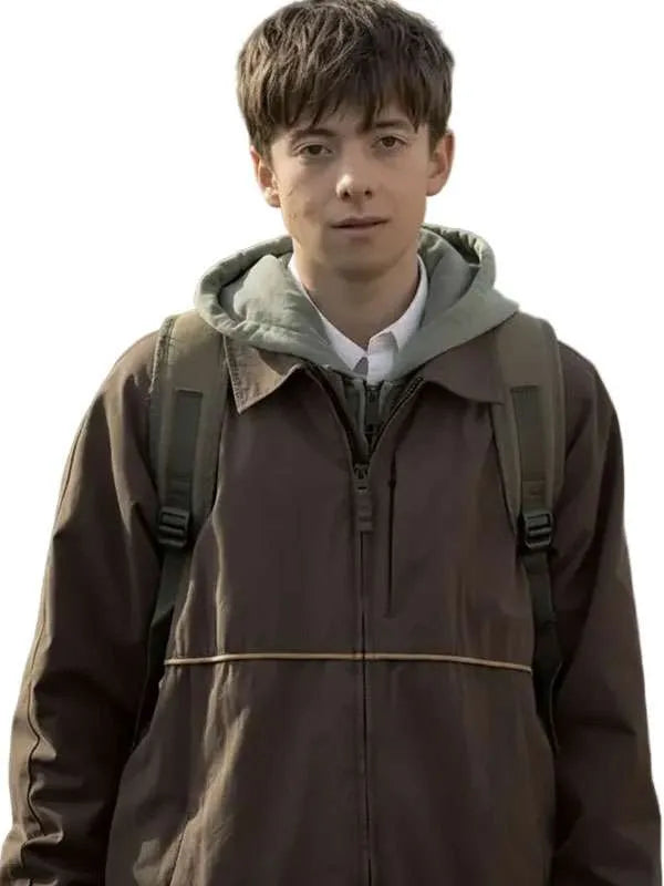 A young man wearing a brown zip-up hooded jacket over a white collared shirt, with a dark backpack, shown against a plain white background.